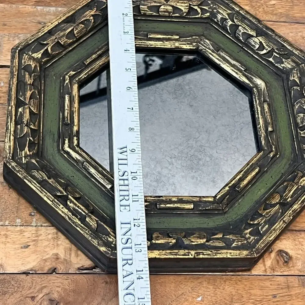 Vintage Octagon Green Wooden Framed Mirror Antiqued Distressed Finish